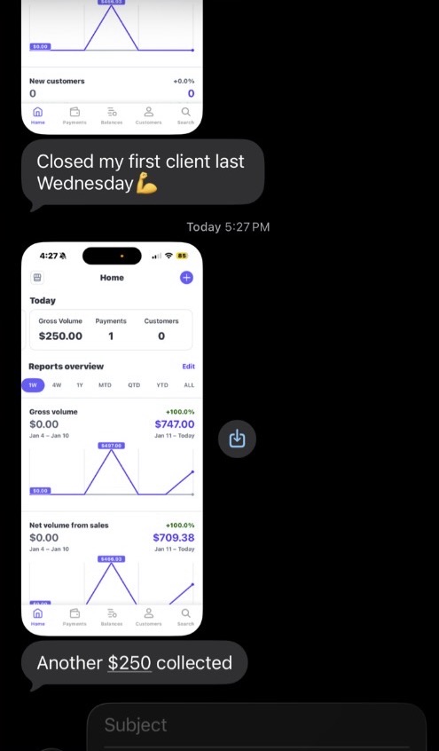 Client win: closed my first client last Wednesday, another $250 collected