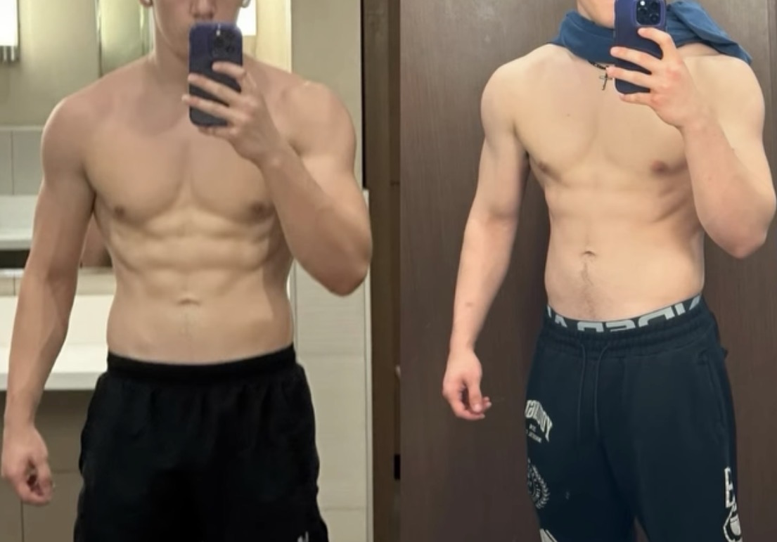Client physique comparison in side-by-side mirror photos