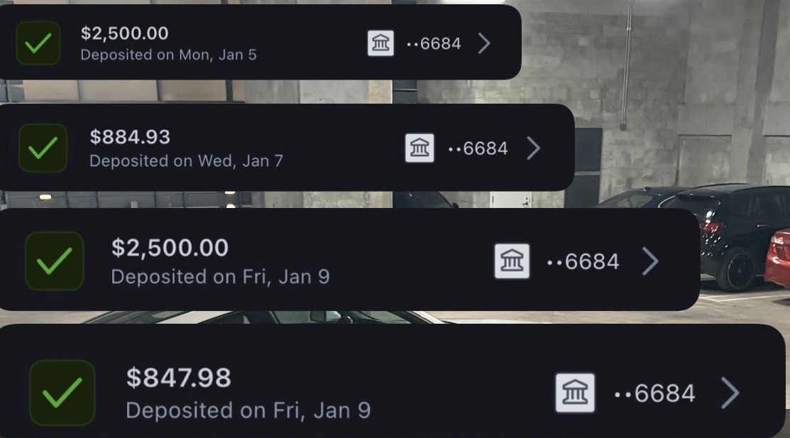 Client win: four bank payouts deposited, $2,500, $884.93, $2,500 and $847.98
