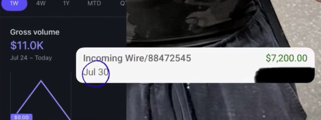 Client win: $7,200 incoming wire with $11,000 gross volume on the dashboard