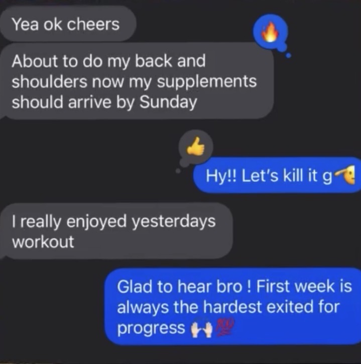 Client conversation saying they really enjoyed yesterday's workout