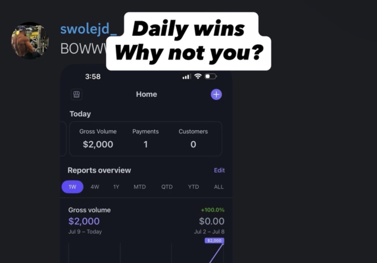 Client win: $2,000 gross volume with the caption daily wins, why not you