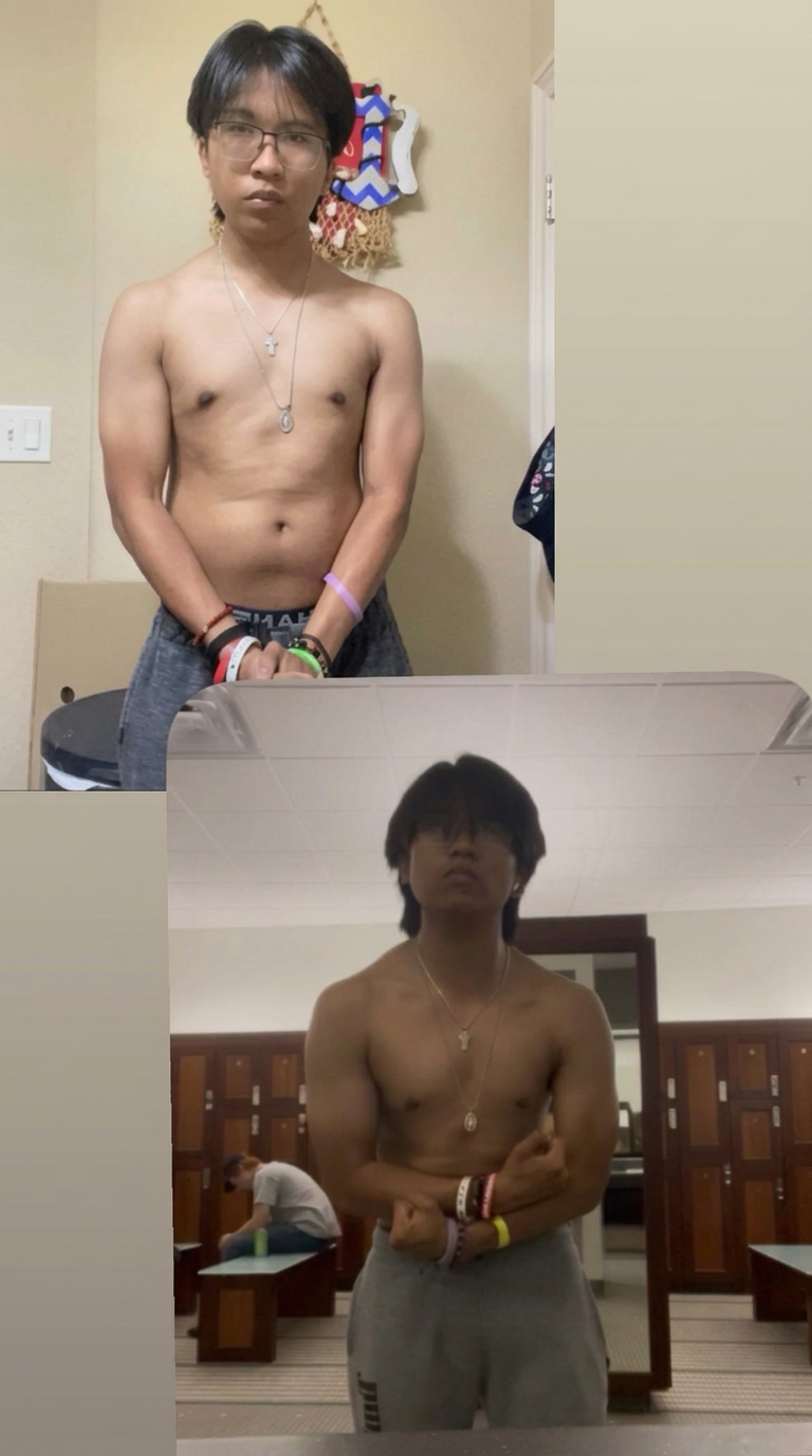 Client transformation in two stacked physique photos with promotional overlays removed